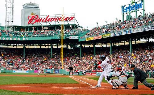 alt text: David Ortiz of the Boston Red Sox batting from home plate at Fenway Park